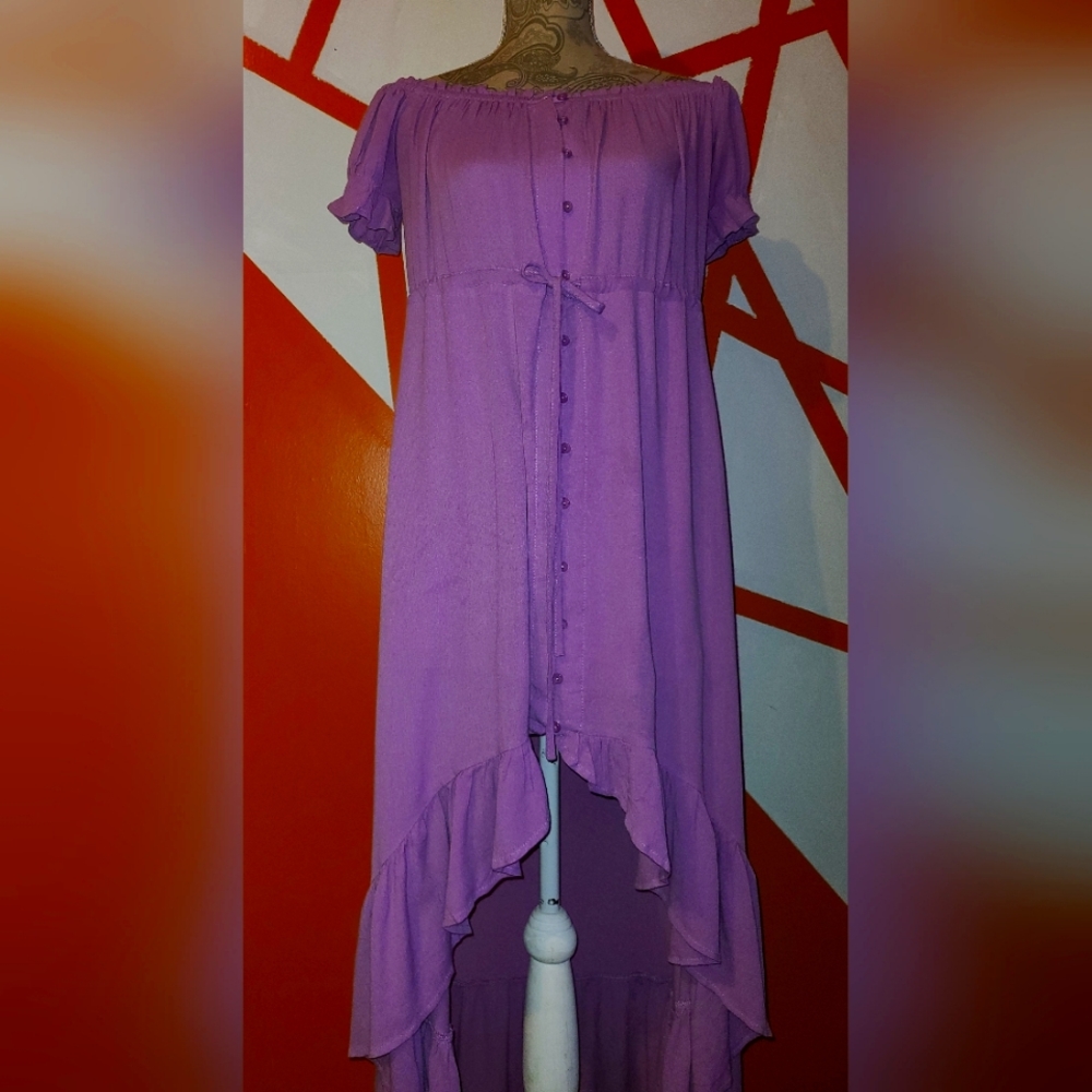 High front, low back, off the shoulder maternity dress